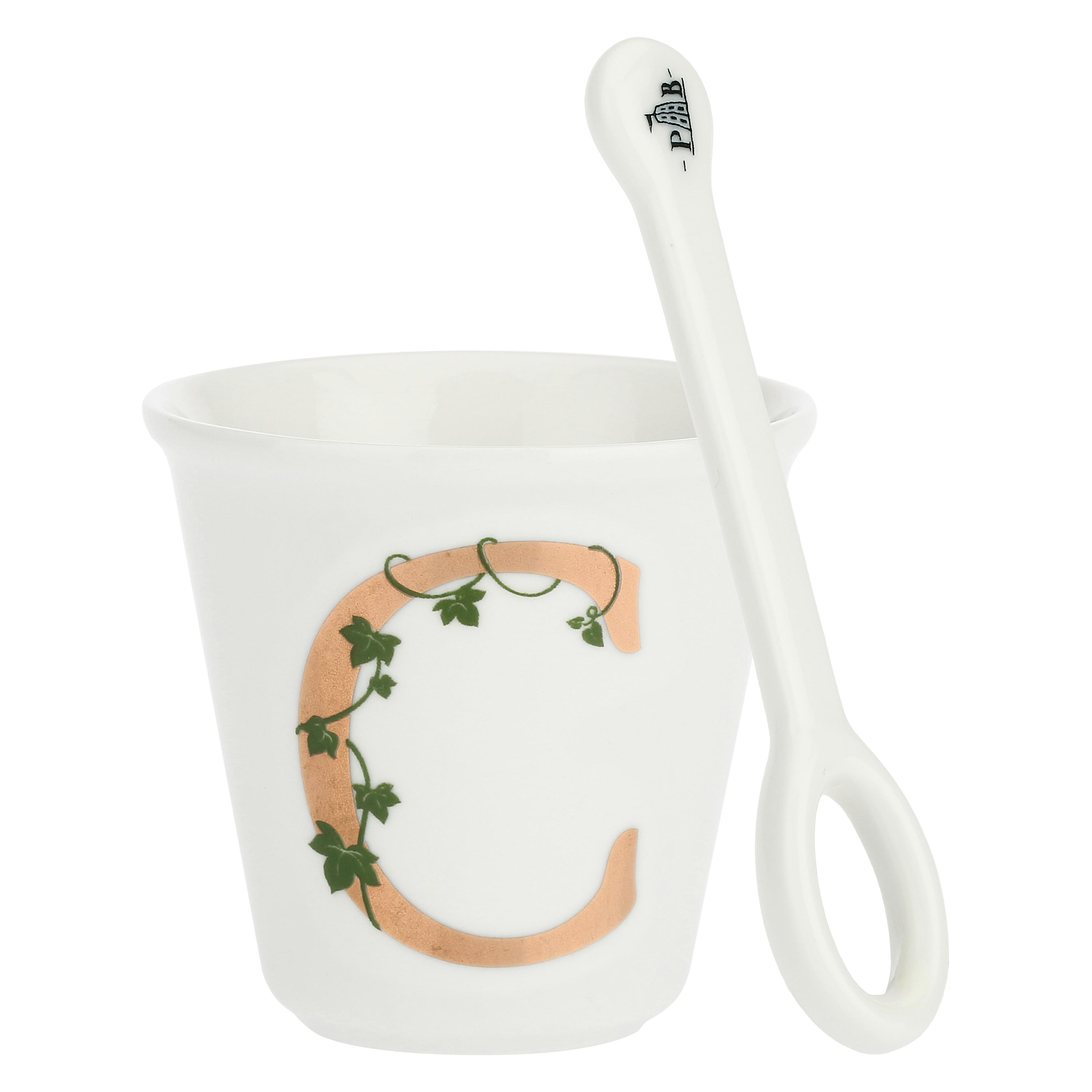 Bicchierino Da Caff&egrave; Lettera P In Porcellana Con Cucchiaino - Design Elegante Con Edera - Perfetto Per Colazione E Regali - 75ml